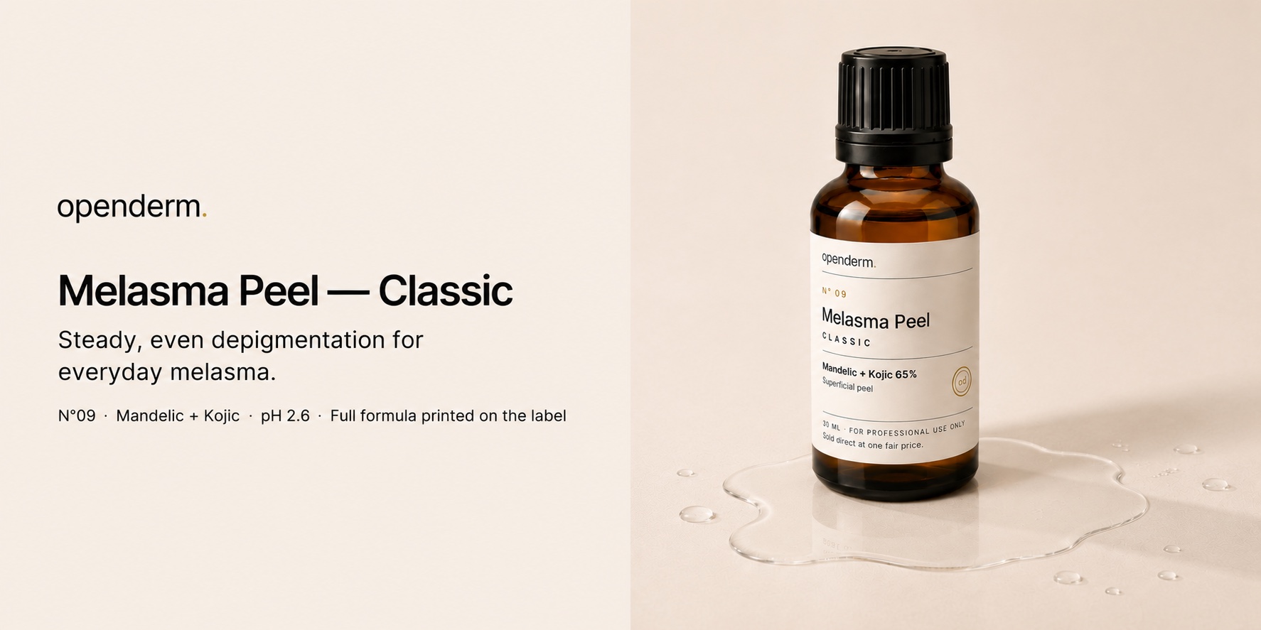 OPENDERM Melasma Peel · Classic — N°09, Mandelic + Kojic, pH 2.6, full formula printed on the label